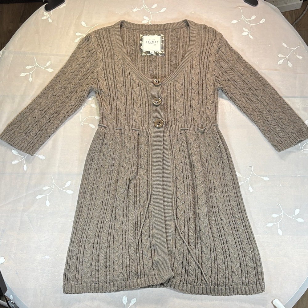 VTG Y2K Babydoll Tan Cable Knit Open Long Sweater Cardigan Cotton Woman Medium